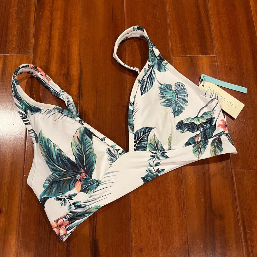 Sea Level Bikini Swim Top Tango Long Line Tri‎ Bra White Tropical Print New Sz 8
